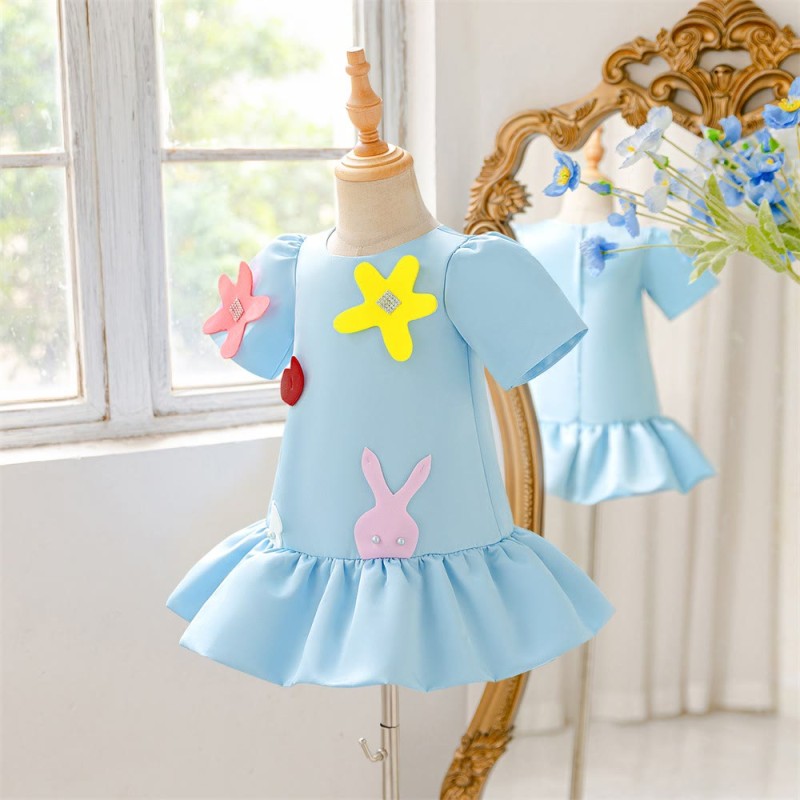 Satin Applique Short Sleeve Midi Dresses - Sky Blue - 2-3Y - image 1