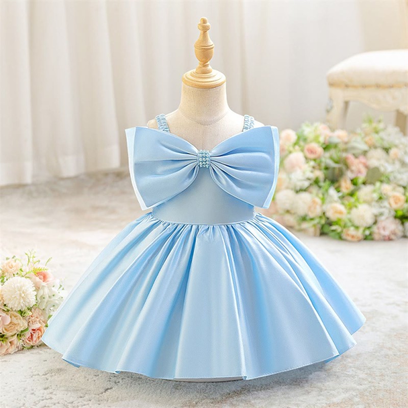 Satin Bow Sleeveless Midi Dresses - Sky Blue - 2-3Y - image 1