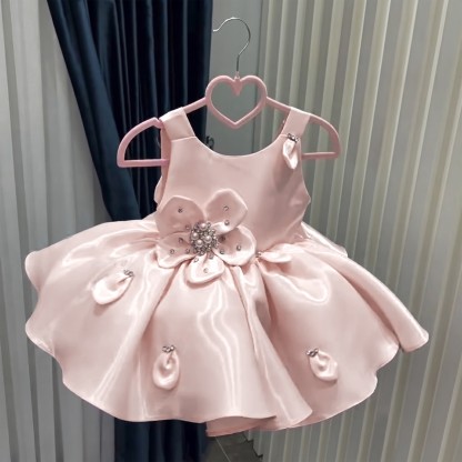 Satin Rosette Sleeveless Short Dresses - Pink - 5Y - image 1