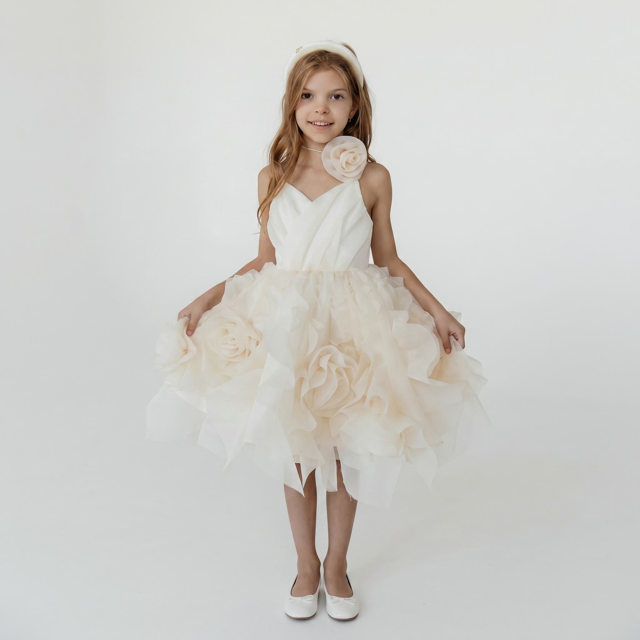 Organza Rosette Sleeveless Midi Dresses - Champagne - 9-10Y - image 1