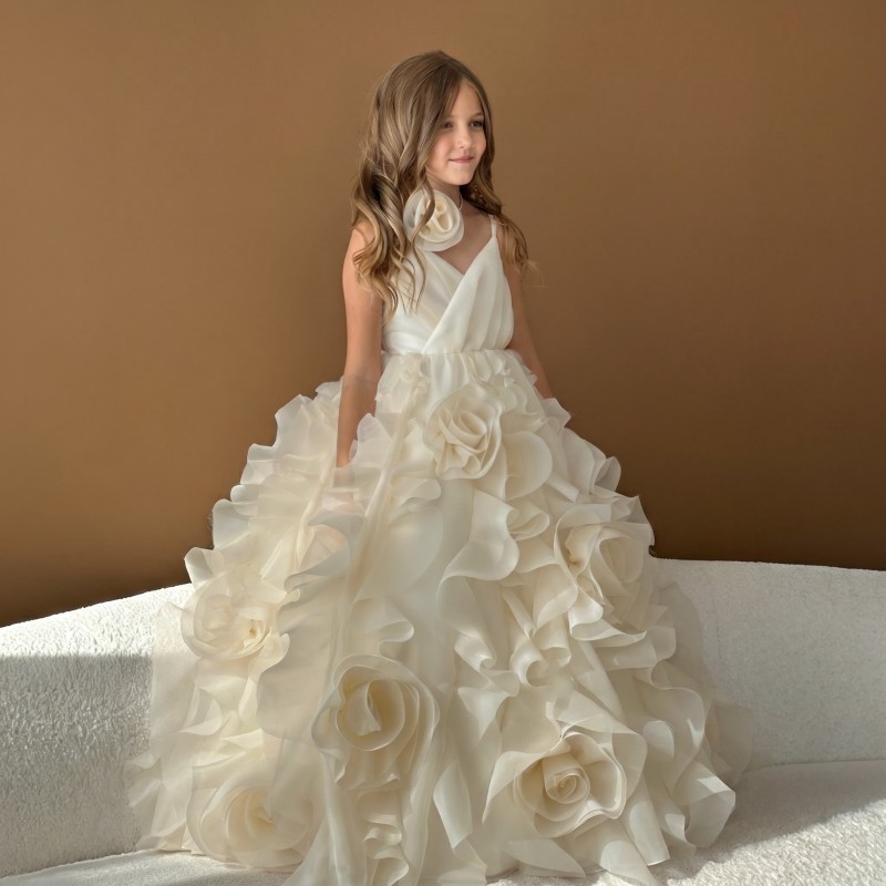 Organza Rosette Sleeveless Maxi Dresses - Ivory White - 9-10Y - image 1