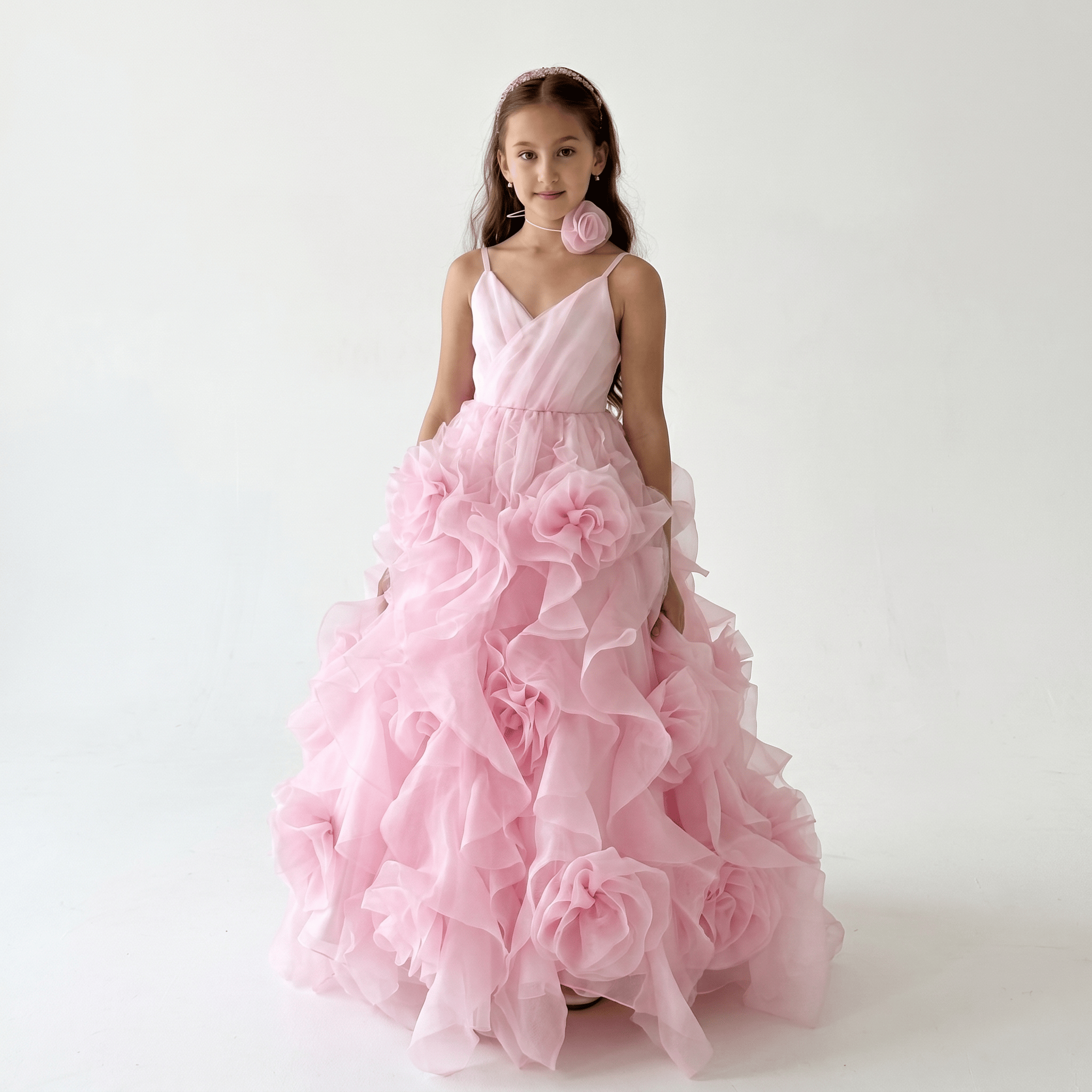 Organza Rosette Sleeveless Maxi Dresses - Pink - 9-10Y - image 1