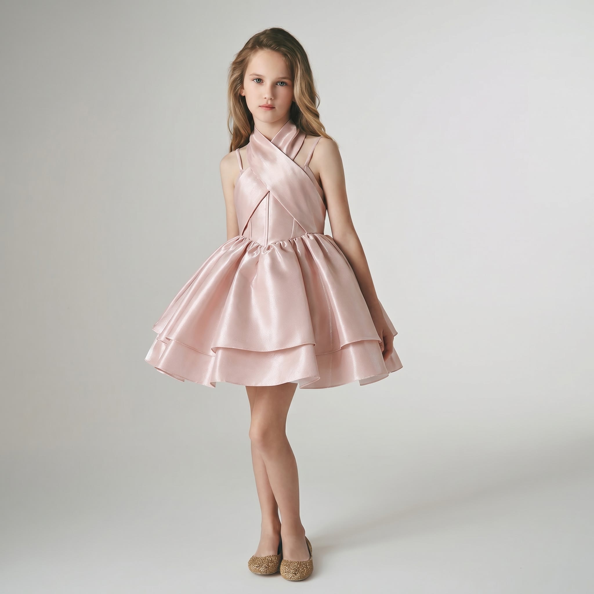 Satin Cross Sleeveless Midi Dresses - Blush Pink - 8Y - image 1