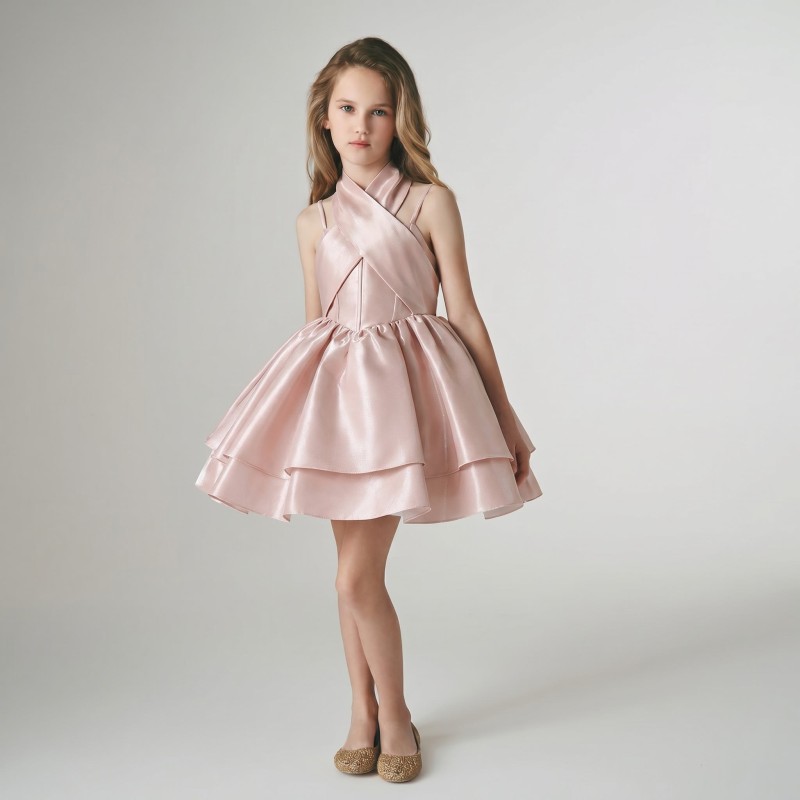 Satin Cross Sleeveless Midi Dresses - Blush Pink - 8Y - image 1