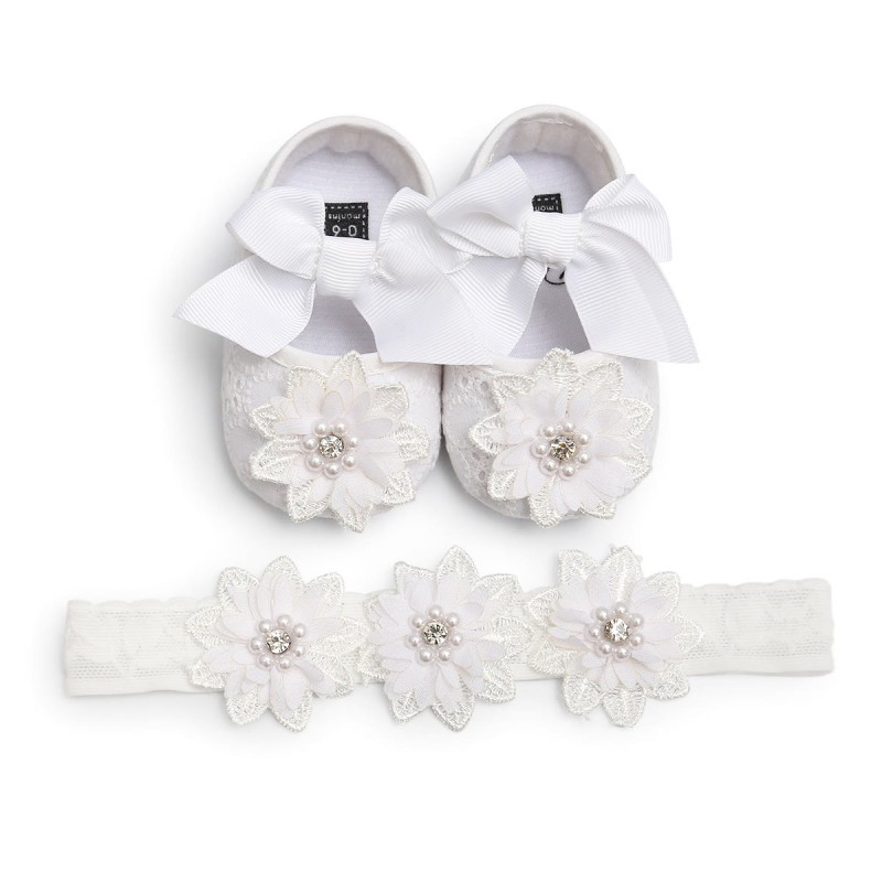 Solid Bow Rosette Round Toe Flats  - White Shoes & Headband - 13CM - image 1