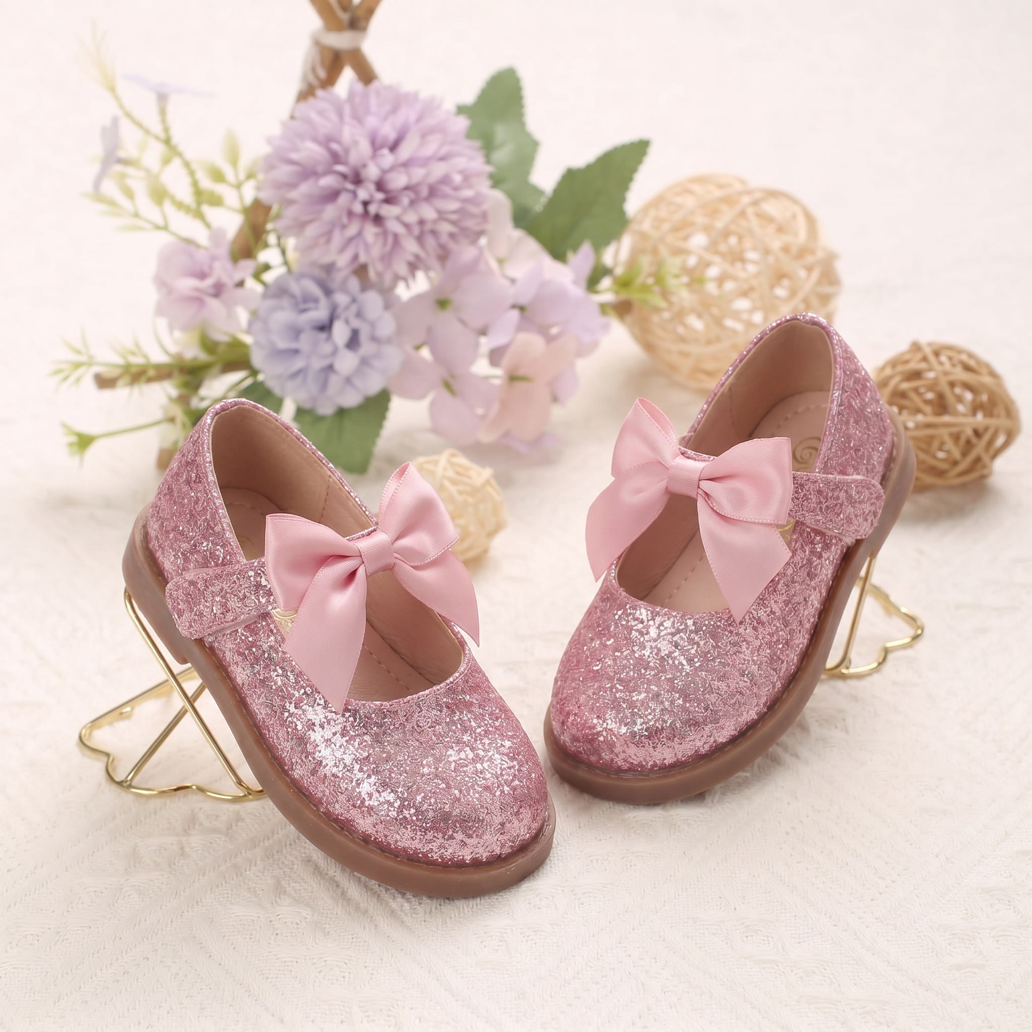 Solid Bow Sequins Round Toe Mary Janes  - Pink - 28码 - image 1