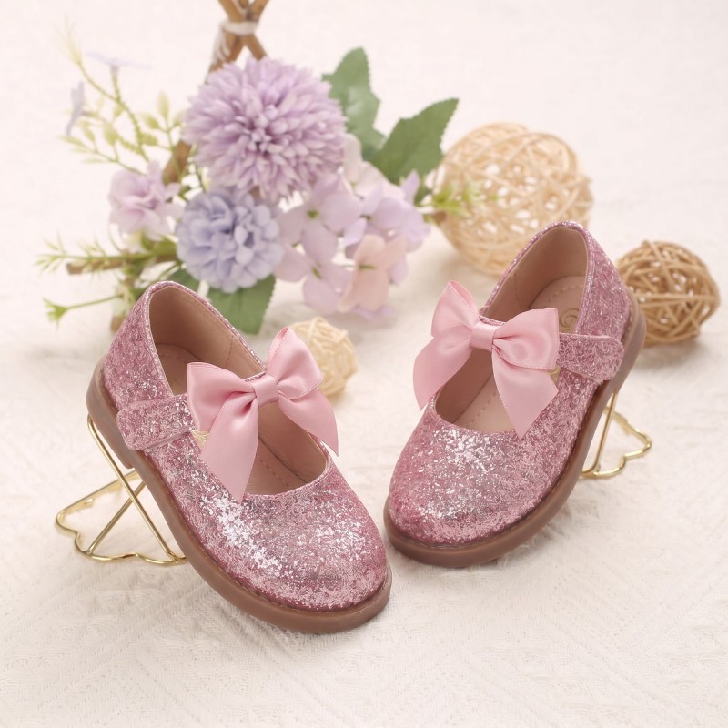 Solid Bow Sequins Round Toe Mary Janes  - Pink - 28码 - image 1