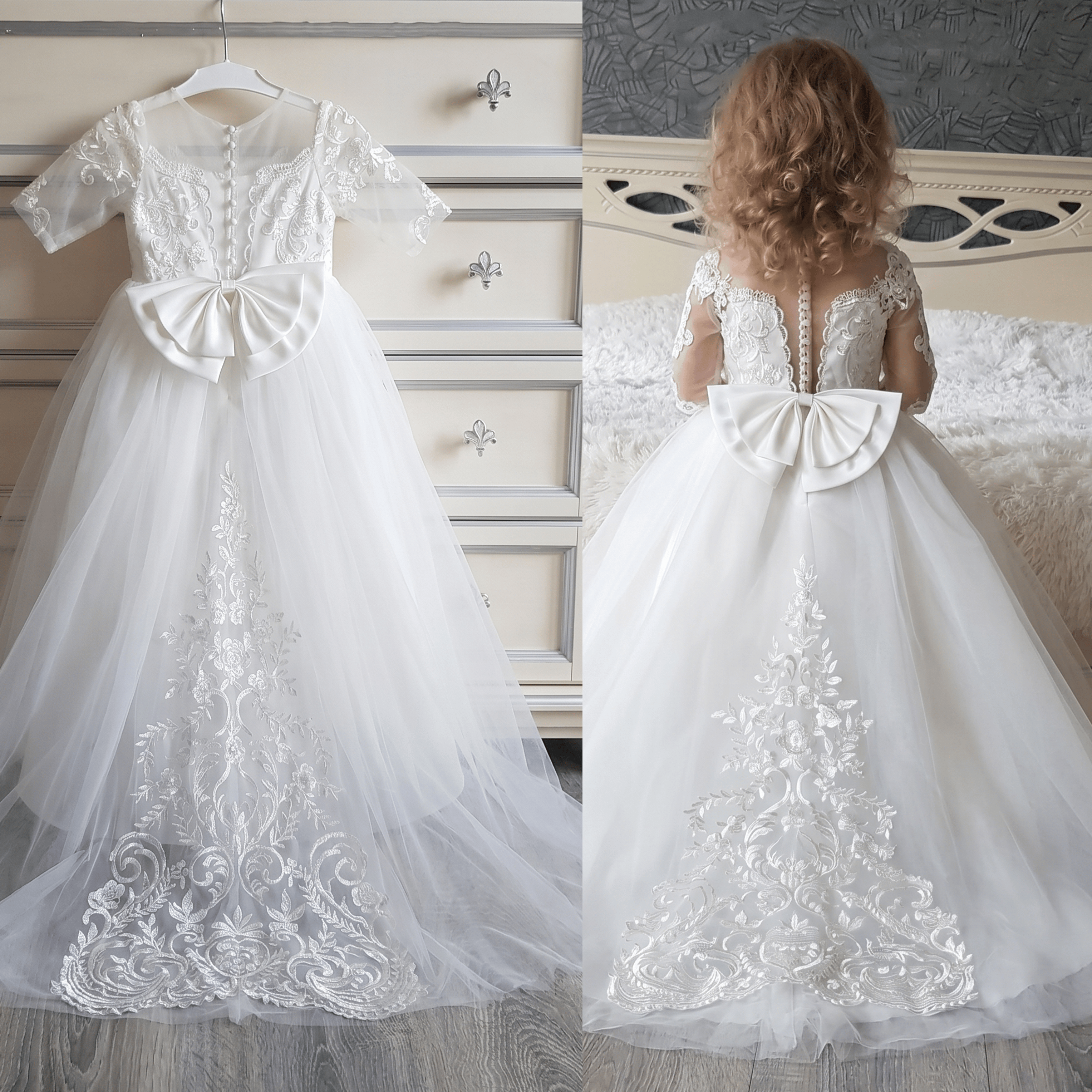 Mesh Applique Bow Long Sleeve Maxi Dresses - White - 15-16Y - image 1