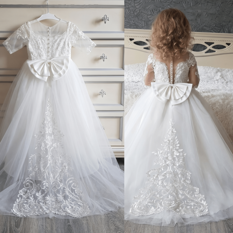 Mesh Applique Bow Long Sleeve Maxi Dresses - White - 15-16Y - image 1