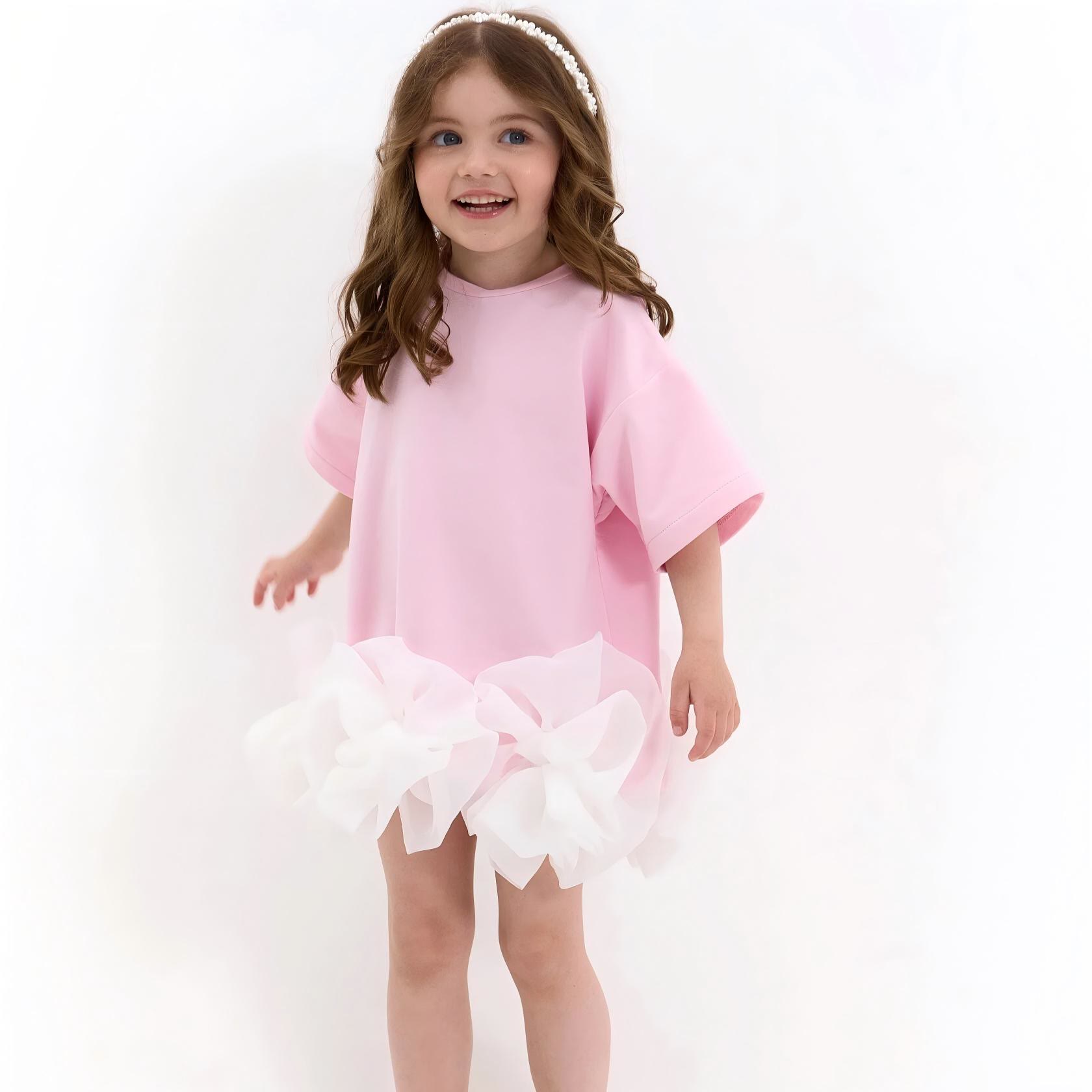 Cotton Split Joint Short Sleeve Midi Dresses - Pink - 5Y - image 1