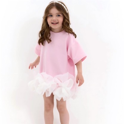 Cotton Split Joint Short Sleeve Midi Dresses - Pink - 5Y - image 1
