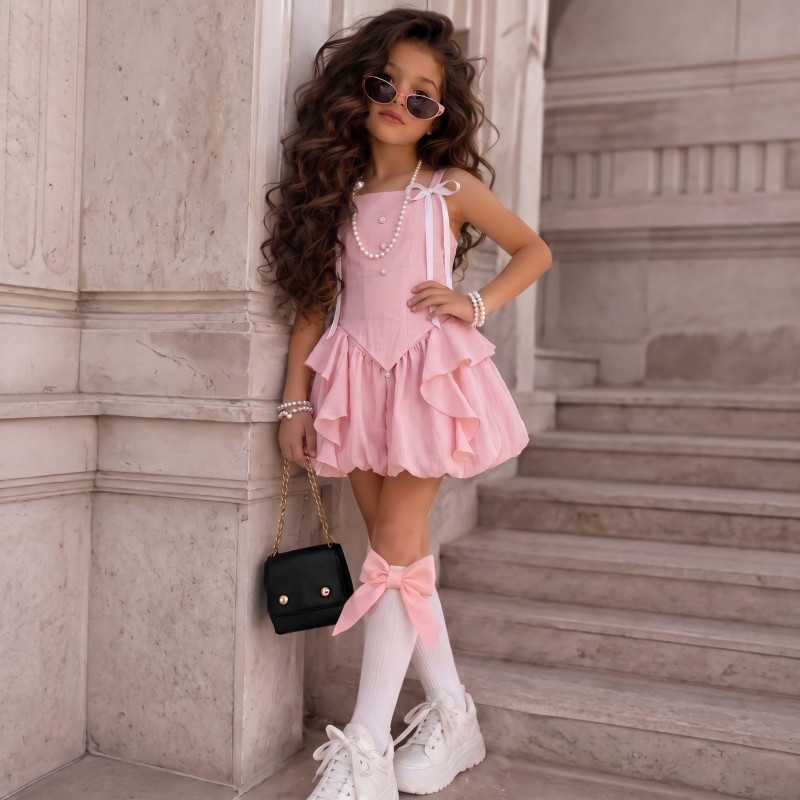 Cotton-Blend Flouncing Sleeveless Regular Two-piece set - Pink - 8Y - image 1