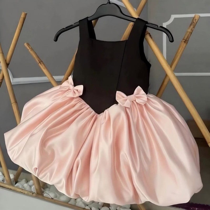 Satin Bow Sleeveless Midi Dresses - Black&Pink - 8-9Y - image 2