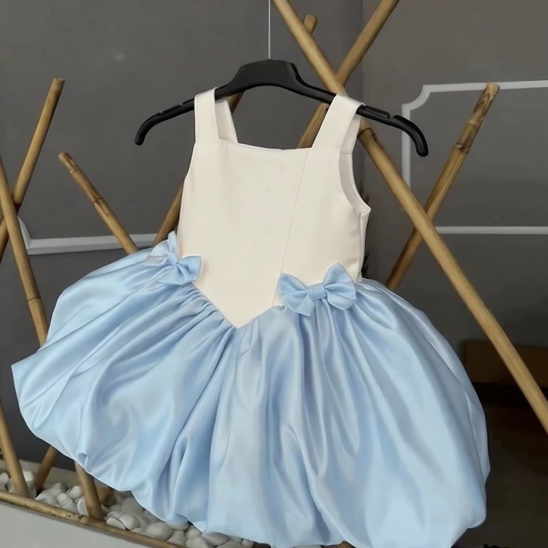 Satin Bow Sleeveless Midi Dresses - White&Blue - 8-9Y - image 1