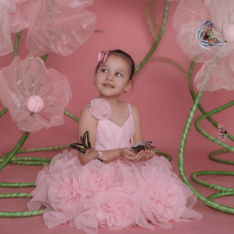 Organza Rosette Sleeveless Midi Dresses - Pink - 9-10Y - image 1