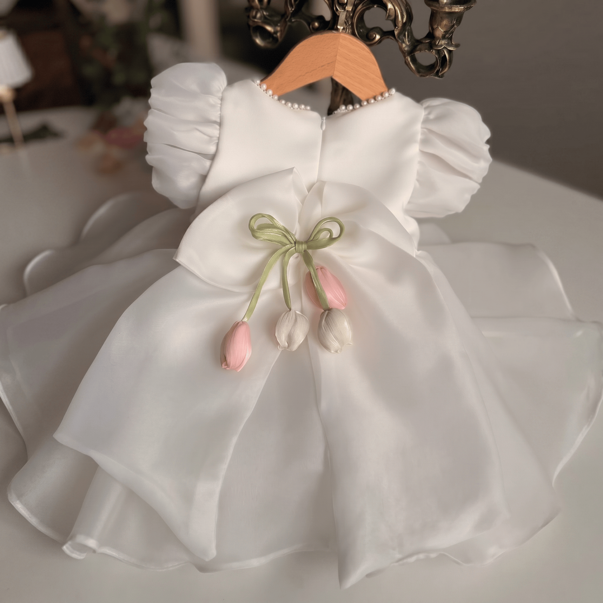 Organza Pearl Tulip Short Sleeve Short Dresses - image 2