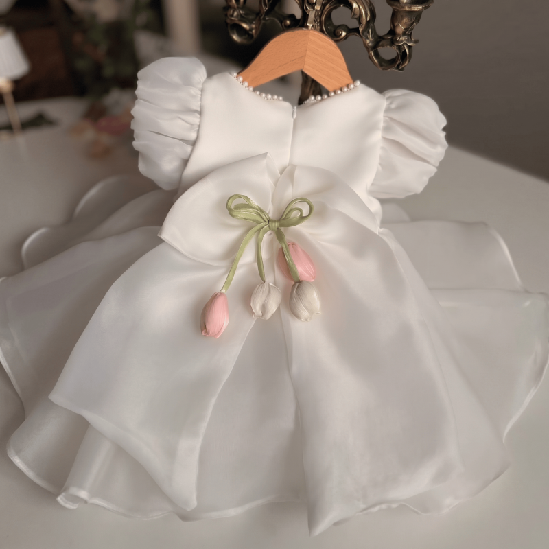 Organza Pearl Tulip Short Sleeve Short Dresses - image 2