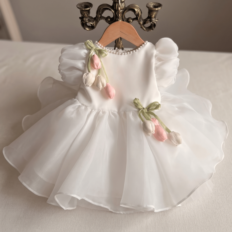 Organza Pearl Tulip Short Sleeve Short Dresses - White - 4Y - image 1