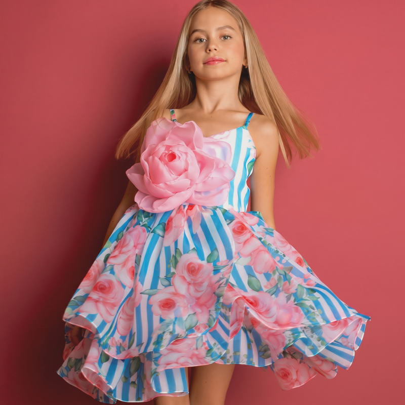 Organza Rosette Sleeveless Short Dresses - Pink&Sky Blue - 11-12Y - image 1