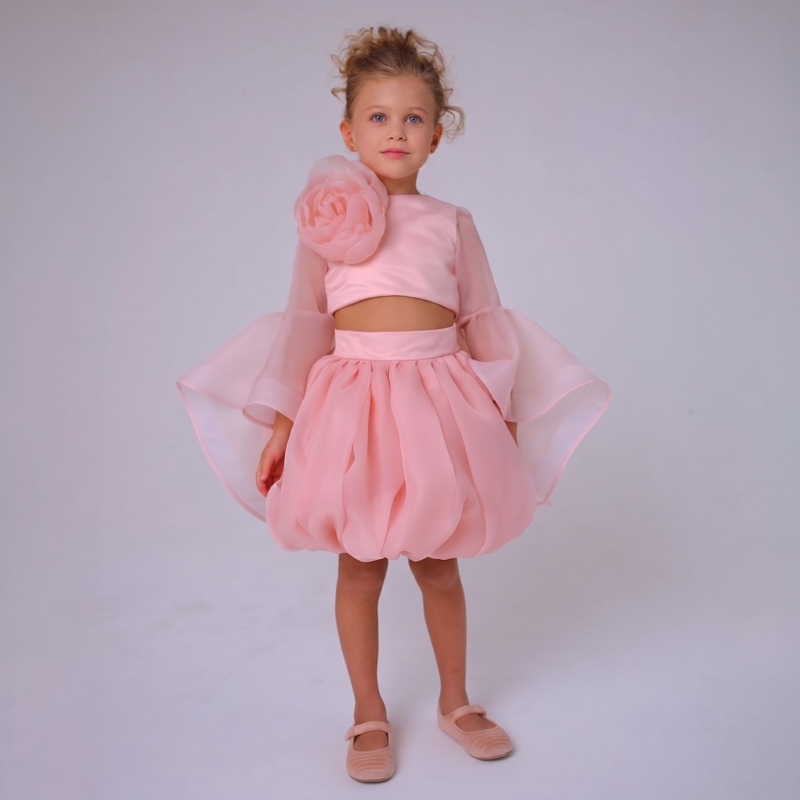 Organza Rosette Long Sleeve Short Two-piece Set - image 3