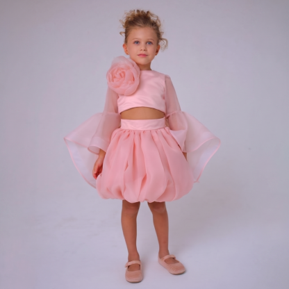 Organza Rosette Long Sleeve Short Two-piece Set - image 3