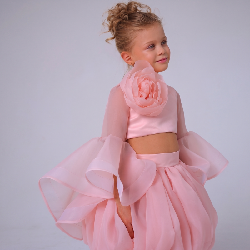 Organza Rosette Long Sleeve Short Two-piece Set - image 6