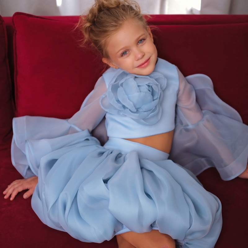 Organza Rosette Long Sleeve Short Two-piece Set - Sky Blue - 9-10Y - image 12