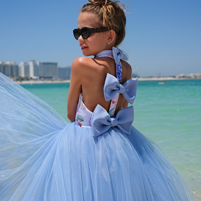 SCUBA KNIT Bow Sleeveless Short Dresses - Sky Blue - 9-10Y - image 1