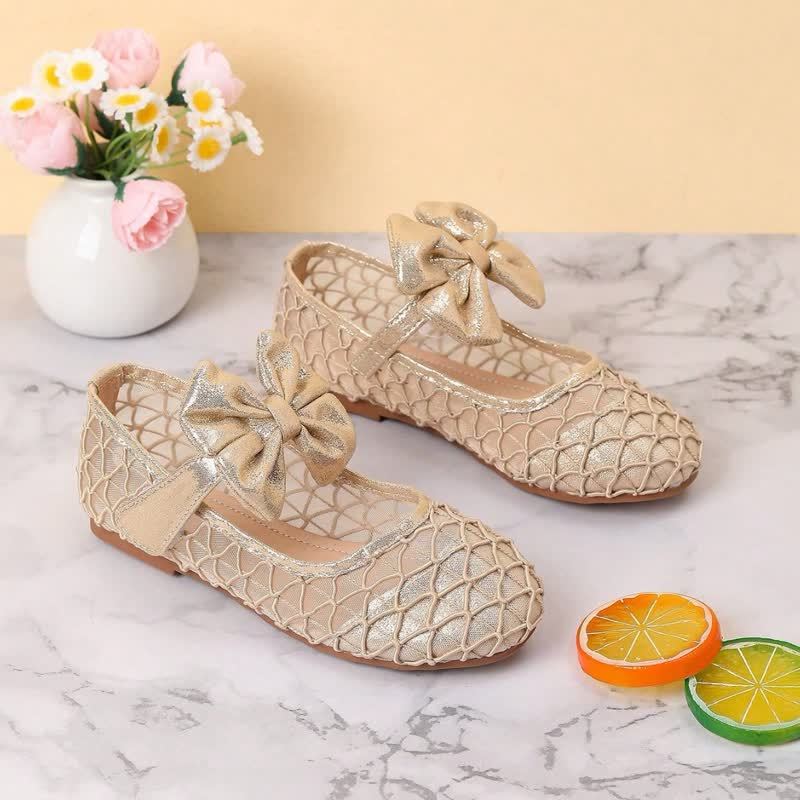 Solid Bow Round Toe Flats - Golden - 36码 - image 1