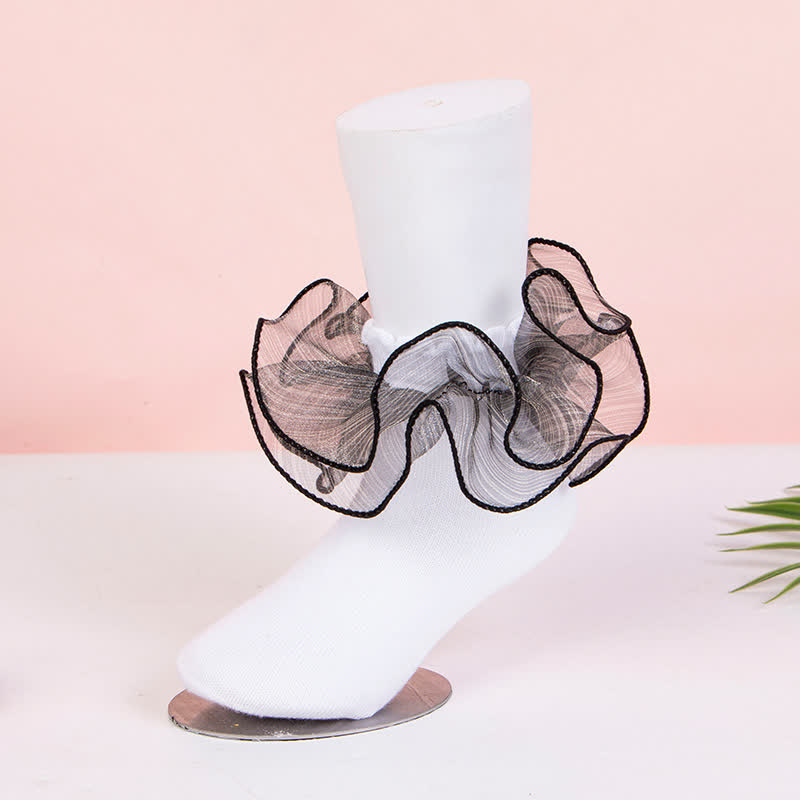 Solid Stitching Lace  Socks - Black with Black Trim - XL - image 7