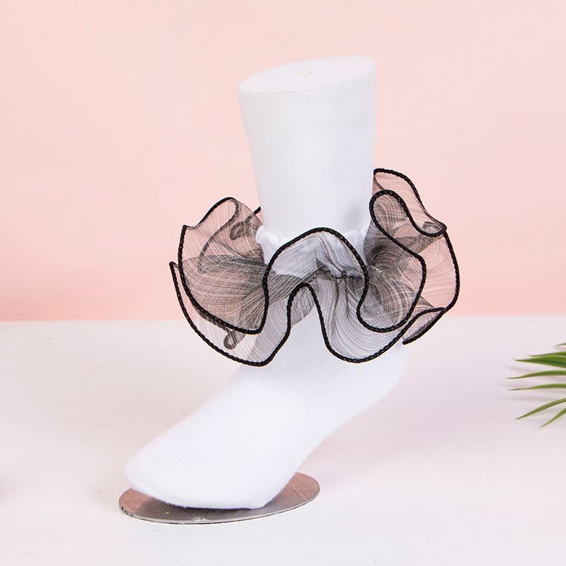 Solid Stitching Lace  Socks - Black with Black Trim - XL - image 7