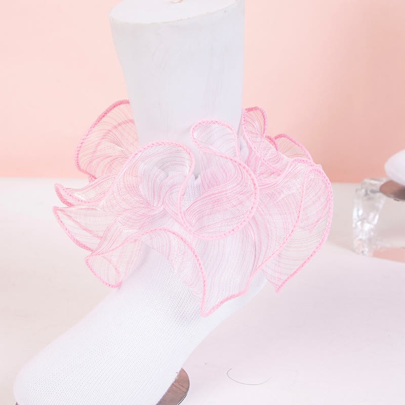 Solid Stitching Lace  Socks - White with Pink Trim - XL - image 2