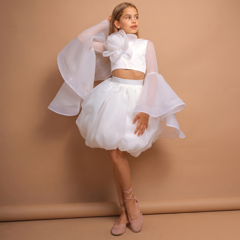 Organza Rosette Long Sleeve Short Two-piece Set - White - 9-10Y - image 8