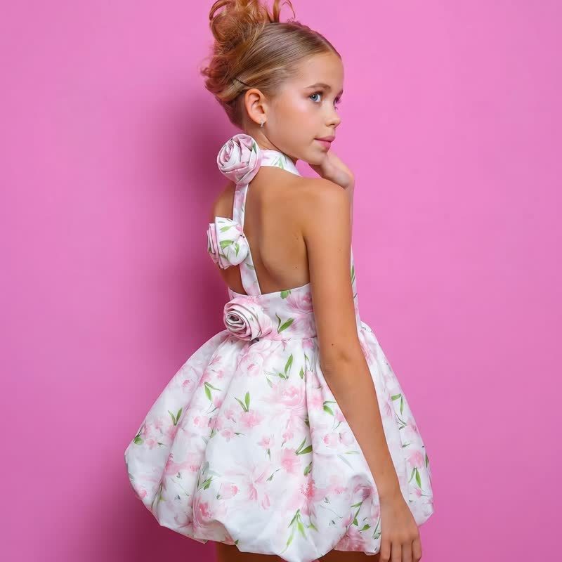 Chemical Fiber Blend Rosette Backless Sleeveless Short Dresses - Light Pink - 9-10Y - image 1