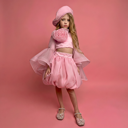 Organza Rosette Long Sleeve Short Two-piece Set - Pink - 9-10Y - image 1