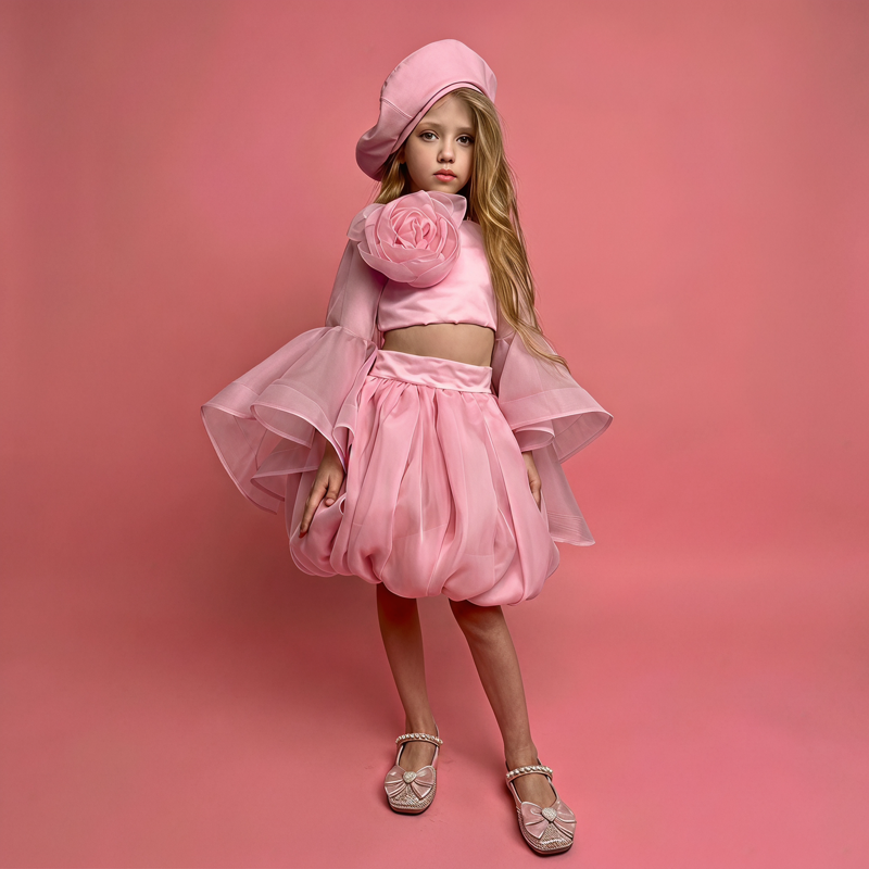 Organza Rosette Long Sleeve Short Two-piece Set - Pink - 9-10Y - image 1