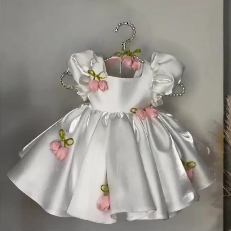 Satin Rosette Short Sleeve Midi Dresses - White - 15-16Y - image 1