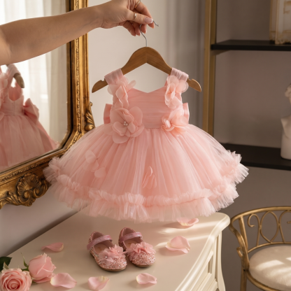 Mesh Rosette Sleeveless Midi Dresses - Shrimp Powder - 2-3Y - image 1