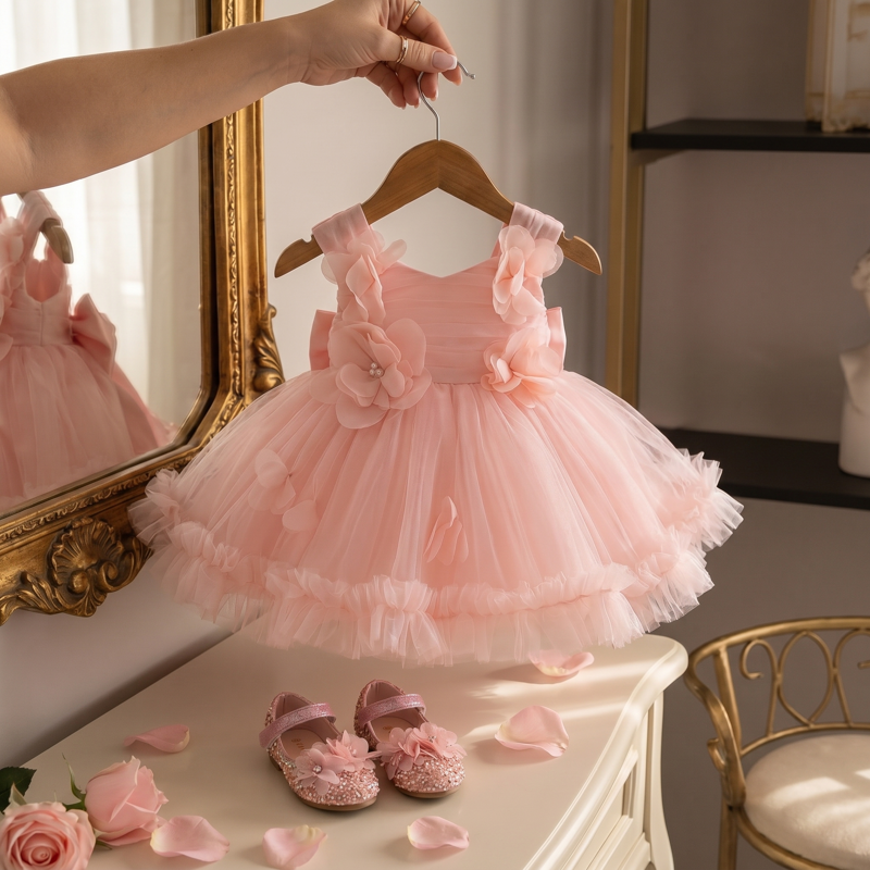 Mesh Rosette Sleeveless Midi Dresses - Shrimp Powder - 2-3Y - image 1
