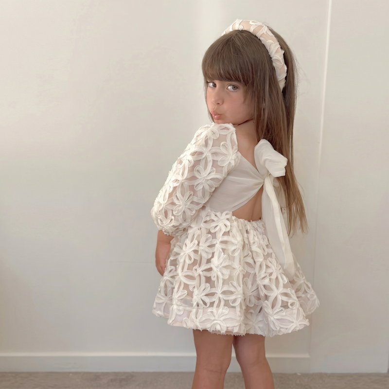 Lightweight & Breathable Embroidered Lace Up Three Quarter Sleeve Short Dresses - Beige - 8Y - image 1