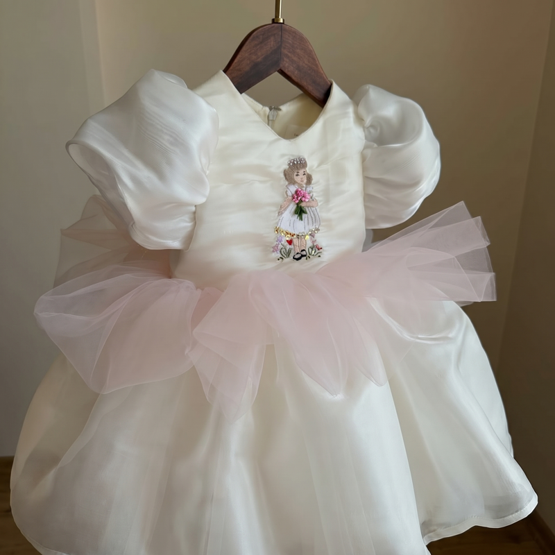 Organza Short Sleeve Short Dresses - Beige - 4Y - image 1