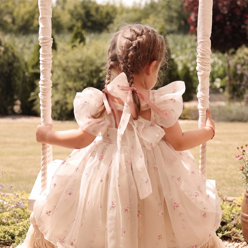 Embroidered Cap Sleeve Short Dresses - White - 8Y - image 1