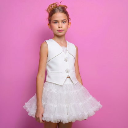 Satin Tiered Sleeveless Short Two-piece set - Ivory White - 7Y - image 1
