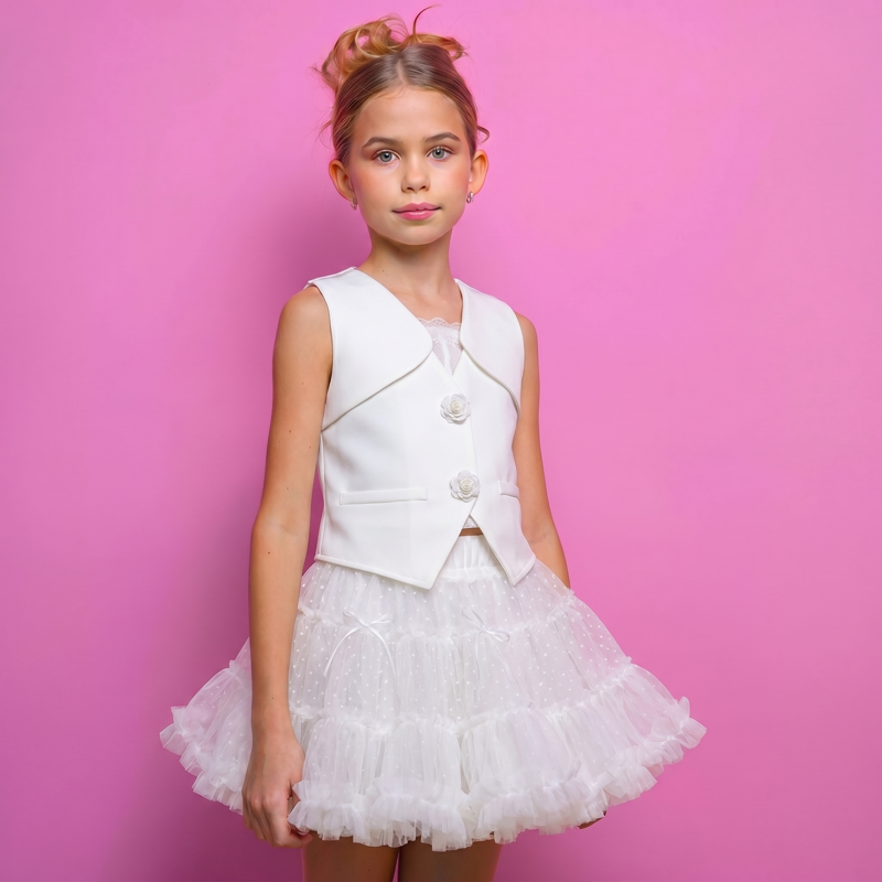 Satin Tiered Sleeveless Short Two-piece set - Ivory White - 7Y - image 1