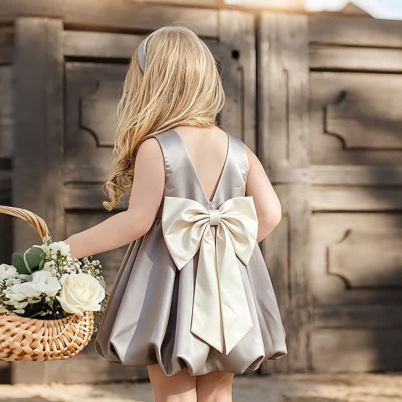 Satin Bow Sleeveless Midi Dresses - Gray - 15-16Y - image 1
