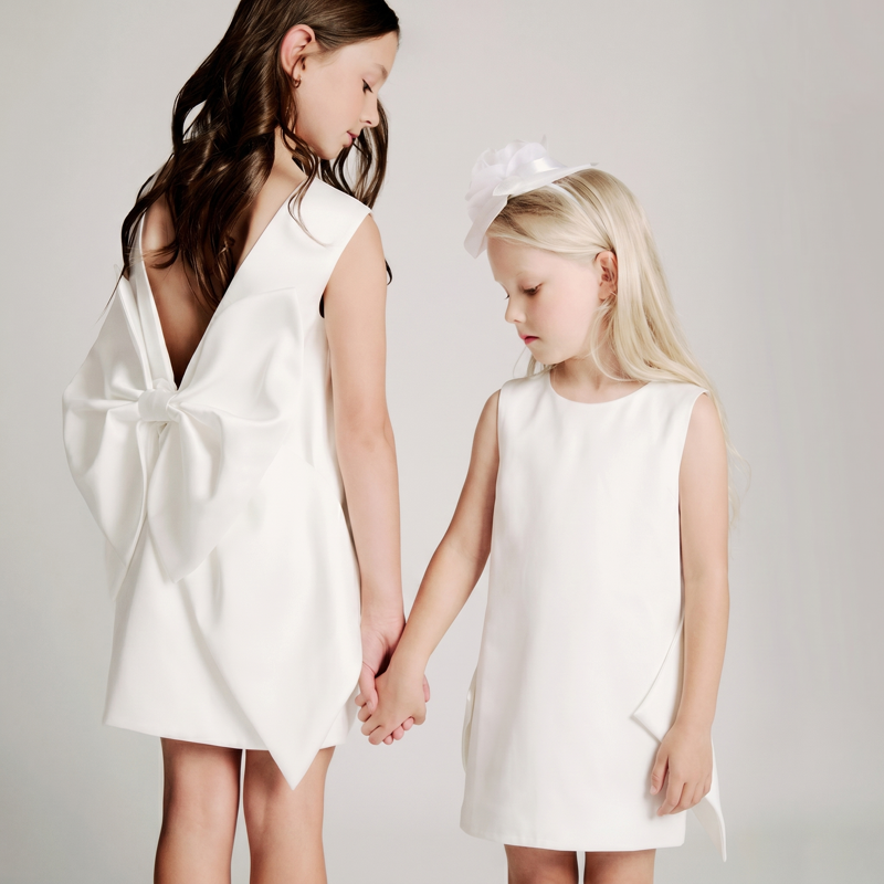 Satin Bow Sleeveless Short Dresses - White - 9-10Y - image 1
