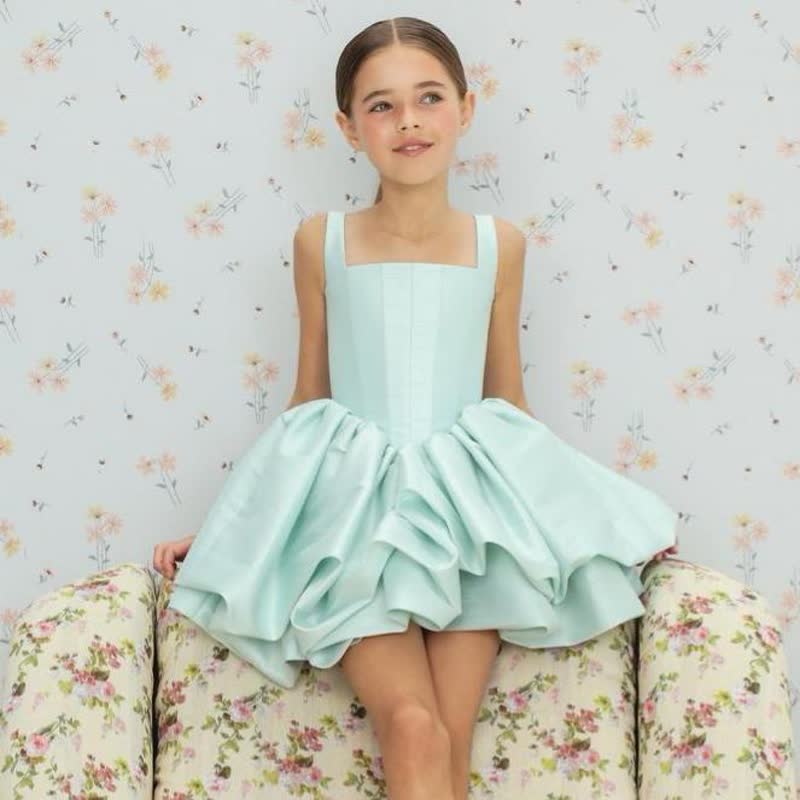 Satin Ruched Sleeveless Short Dresses - Mint - 9-10Y - image 1