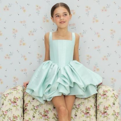 Satin Ruched Sleeveless Short Dresses - Mint - 9-10Y - image 1