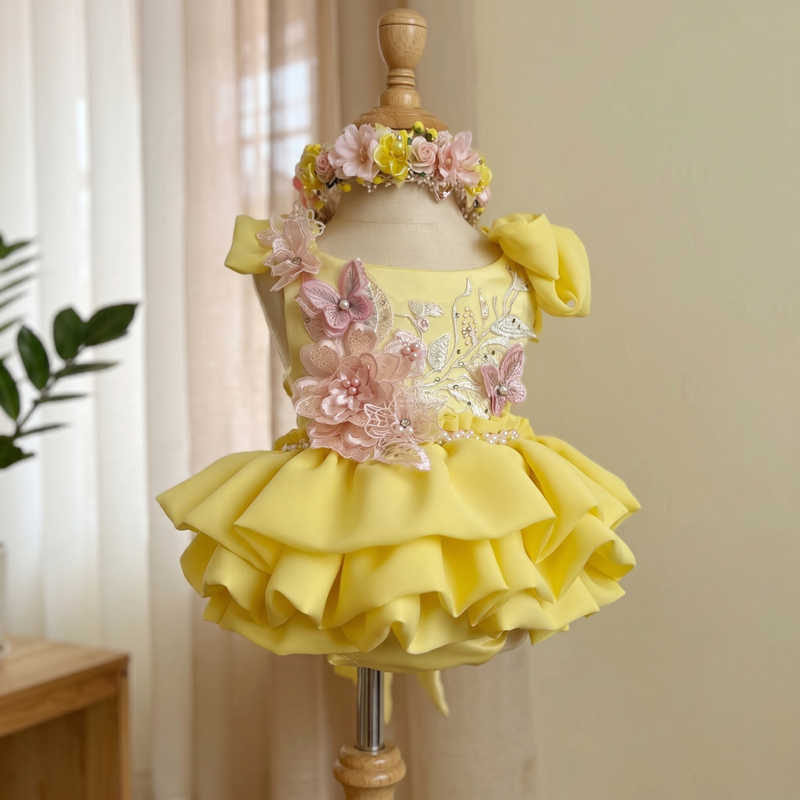 Soft Mesh Applique Cap Sleeve Short Dresses - Yellow - 18-24M - image 1