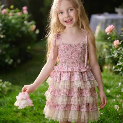 100% Cotton Lace Edge Sleeveless Midi Dresses - Pink - 11-12Y - image 1